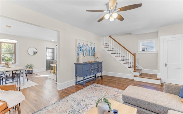 living room with ceiling fan and wood-type flooring