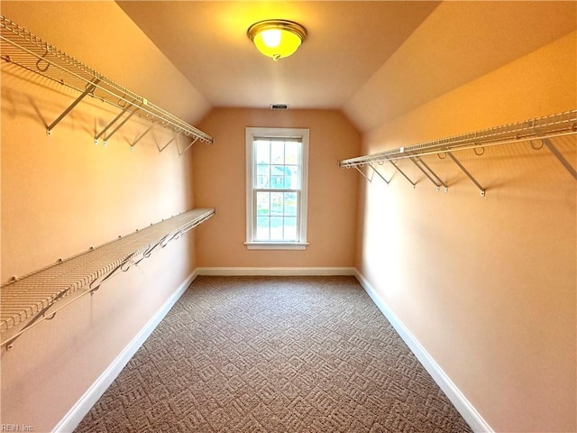 spacious closet with carpet flooring and lofted ceiling