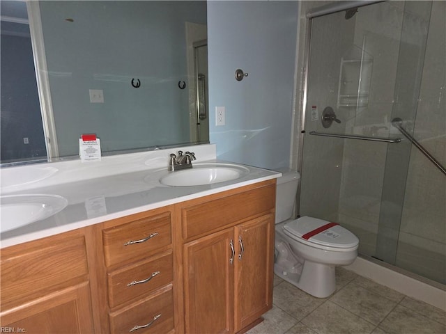 bathroom with tile patterned flooring, vanity, toilet, and walk in shower