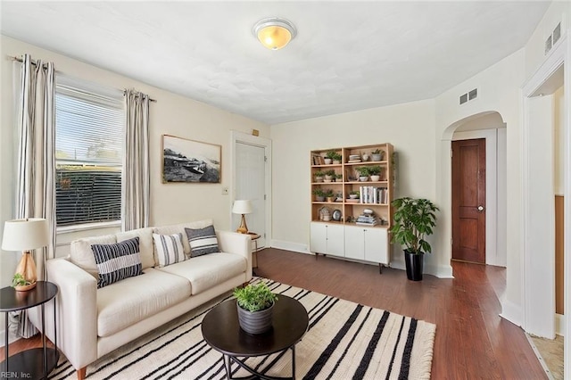 living room featuring dark wood-type flooring