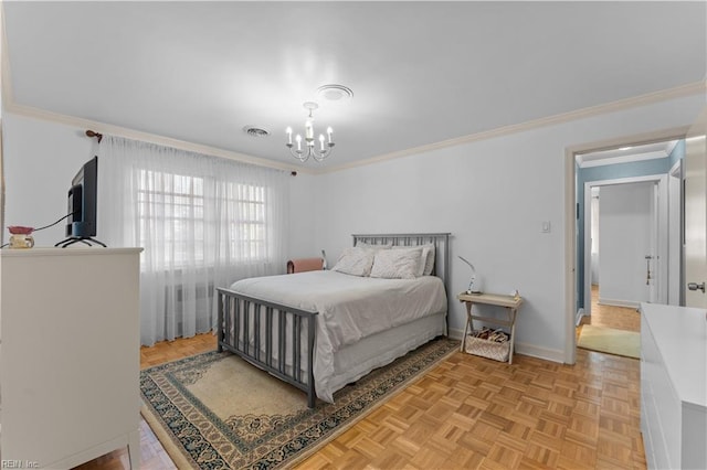 bedroom featuring an inviting chandelier, light parquet flooring, and ornamental molding