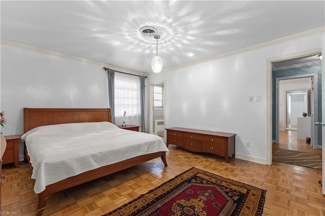 bedroom featuring light parquet floors and ornamental molding