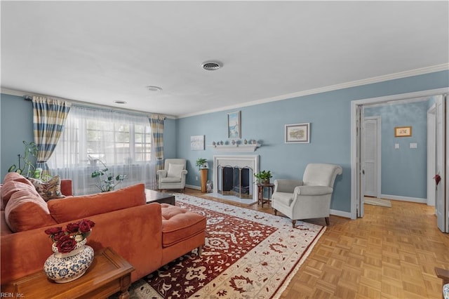 living room featuring crown molding and light parquet floors