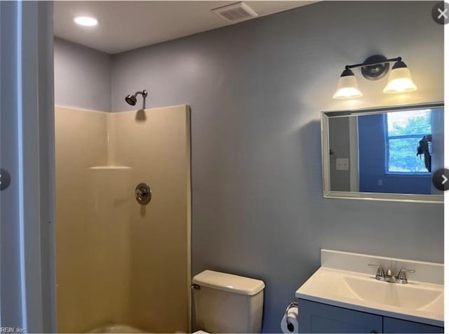 bathroom with vanity, toilet, and walk in shower