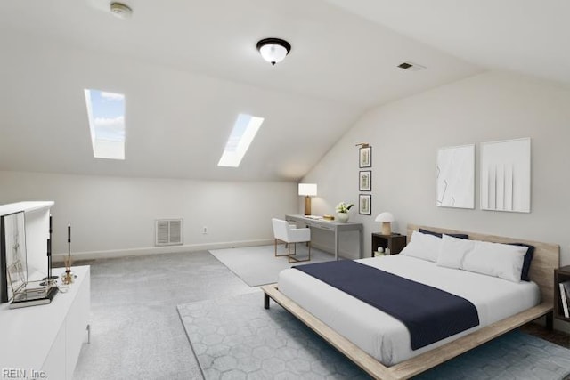 bedroom featuring lofted ceiling with skylight, light colored carpet, and visible vents