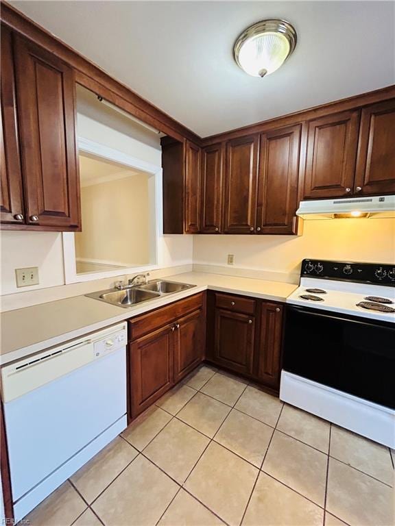 kitchen featuring light countertops, electric range oven, a sink, white dishwasher, and under cabinet range hood