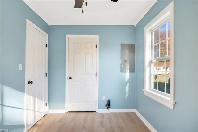 clothes washing area featuring electric panel, ceiling fan, and light wood-type flooring