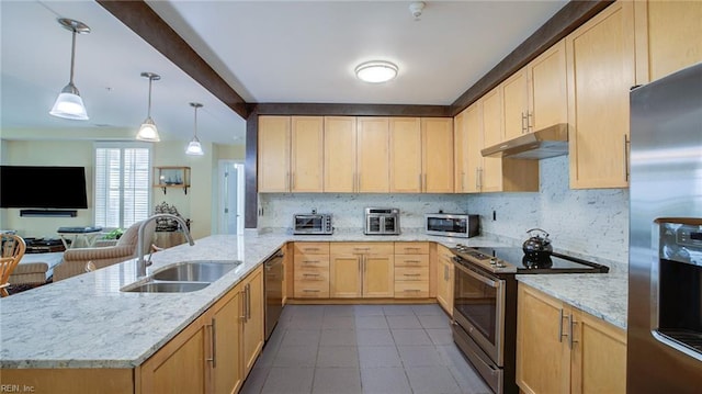 kitchen with pendant lighting, sink, light brown cabinetry, appliances with stainless steel finishes, and kitchen peninsula