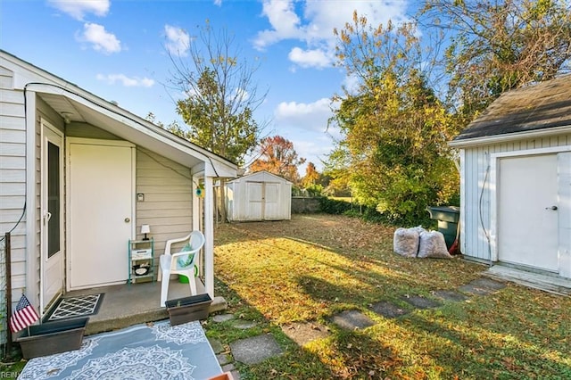 view of yard featuring a storage unit