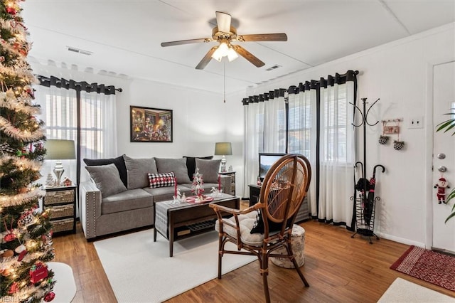 living room with ceiling fan and wood-type flooring