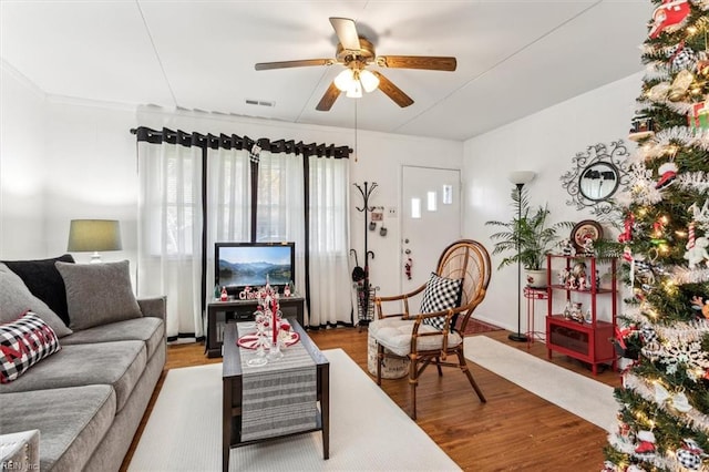 living room featuring hardwood / wood-style flooring, ceiling fan, and crown molding