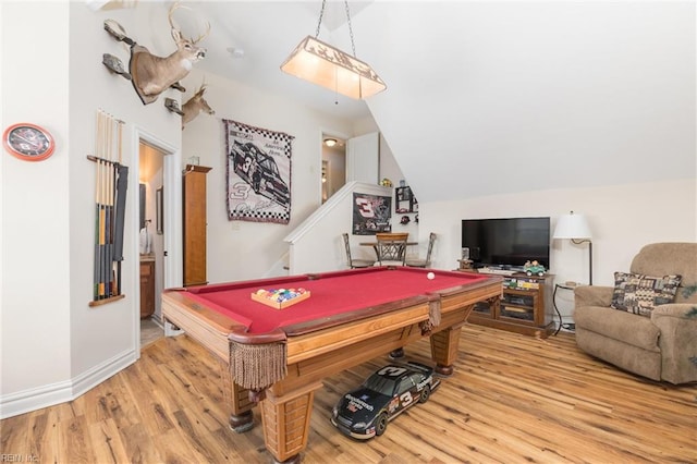 playroom featuring hardwood / wood-style flooring, billiards, and lofted ceiling