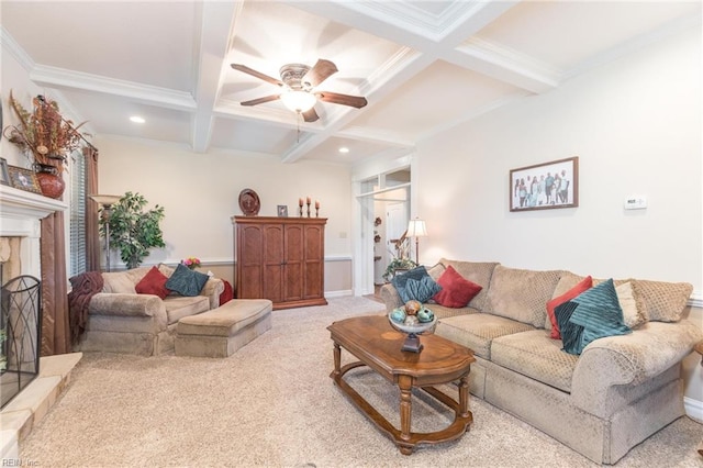 living room featuring light colored carpet, beam ceiling, and coffered ceiling