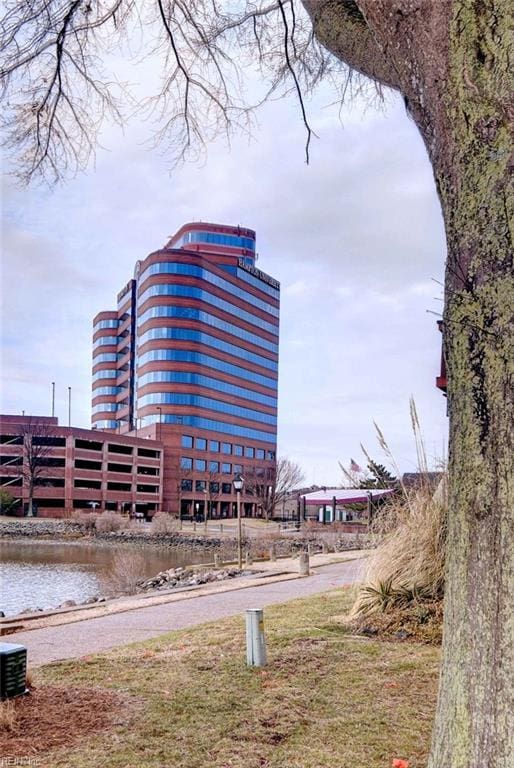 view of building exterior with a water view