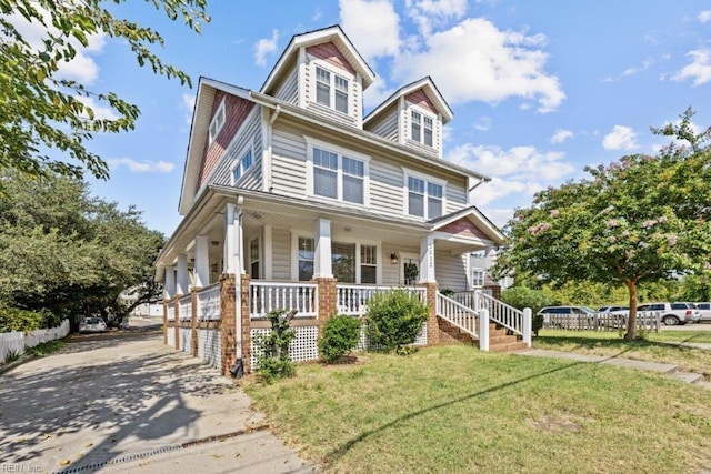 view of front of home with a front lawn and covered porch