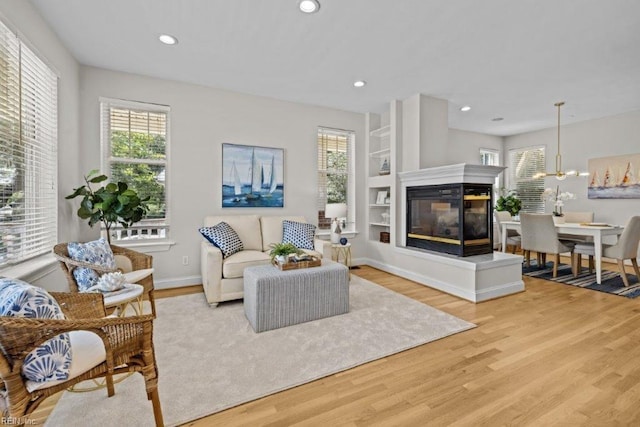 living room featuring a multi sided fireplace and light wood-type flooring