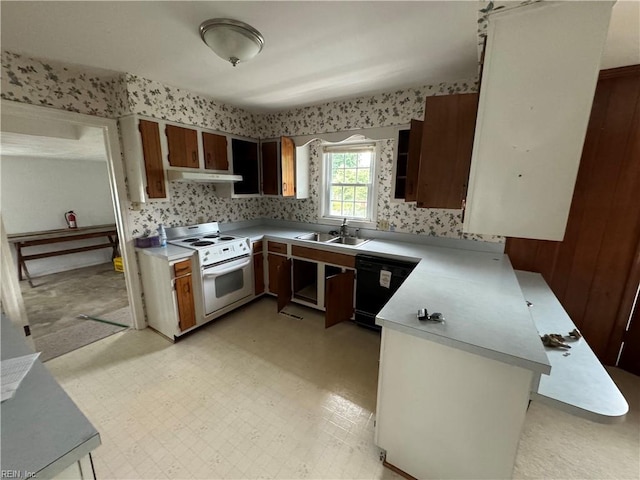 kitchen featuring dishwasher, kitchen peninsula, white range with electric cooktop, and sink