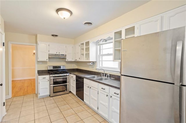 kitchen with sink, white cabinetry, stainless steel appliances, and light tile patterned floors