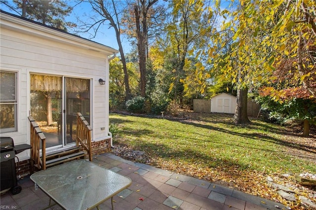 view of yard featuring a patio area and a storage unit