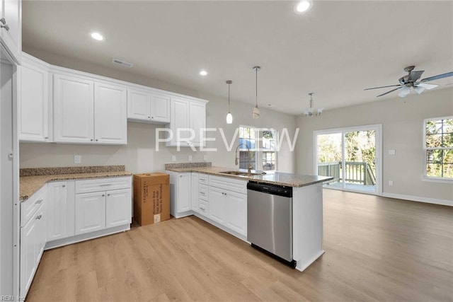 kitchen featuring kitchen peninsula, dishwasher, white cabinets, and hanging light fixtures