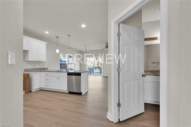 kitchen featuring kitchen peninsula, dishwasher, white cabinets, and light wood-type flooring