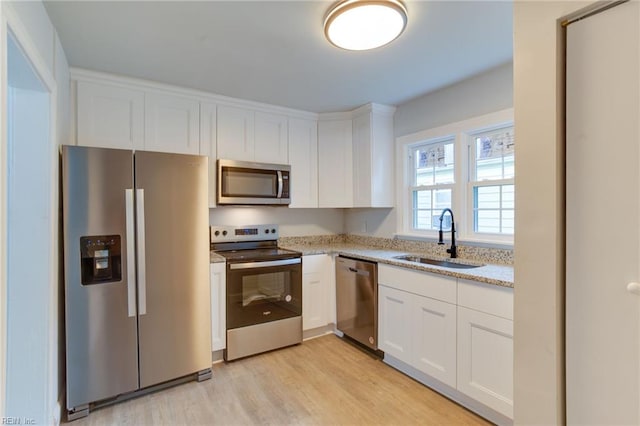 kitchen with light wood-type flooring, white cabinetry, sink, and appliances with stainless steel finishes