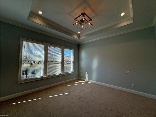 carpeted spare room with a raised ceiling and crown molding