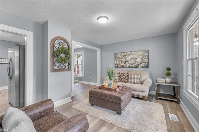 living room with a textured ceiling and light hardwood / wood-style flooring