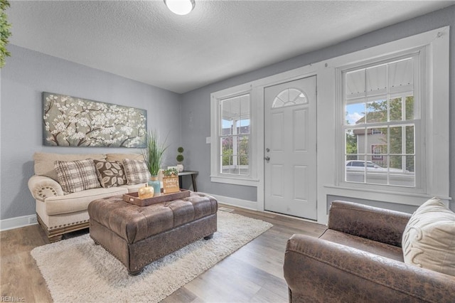 living room with hardwood / wood-style flooring, a healthy amount of sunlight, and a textured ceiling