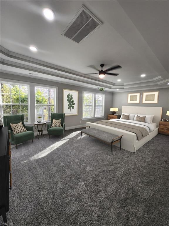 unfurnished bedroom featuring dark colored carpet, ceiling fan, multiple windows, and a tray ceiling