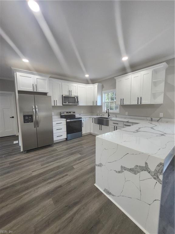 kitchen featuring light stone countertops, dark hardwood / wood-style flooring, stainless steel appliances, and white cabinetry