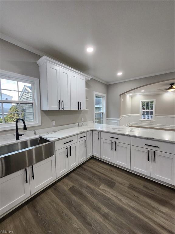 kitchen featuring dark hardwood / wood-style flooring, light stone counters, ornamental molding, sink, and white cabinets