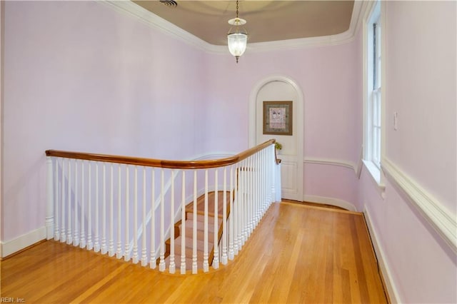 hall with light hardwood / wood-style flooring and crown molding