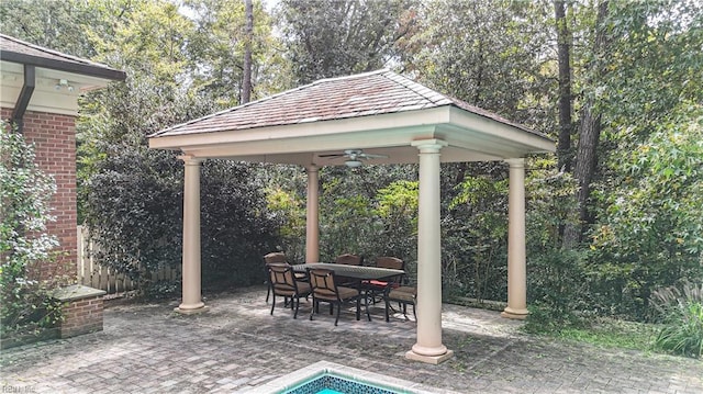 view of patio featuring a gazebo and ceiling fan