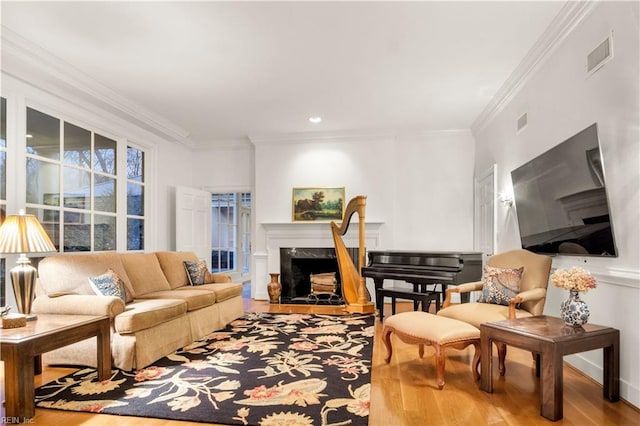 living room with hardwood / wood-style floors, ornamental molding, and a fireplace