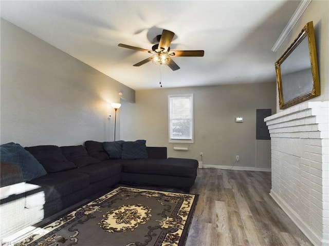 living room with ceiling fan and wood-type flooring