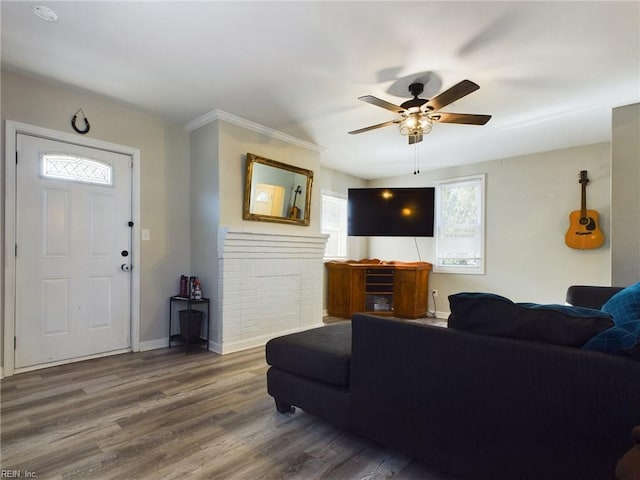 living room featuring hardwood / wood-style flooring and ceiling fan