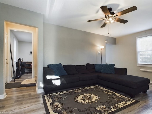 living room featuring ceiling fan and wood-type flooring