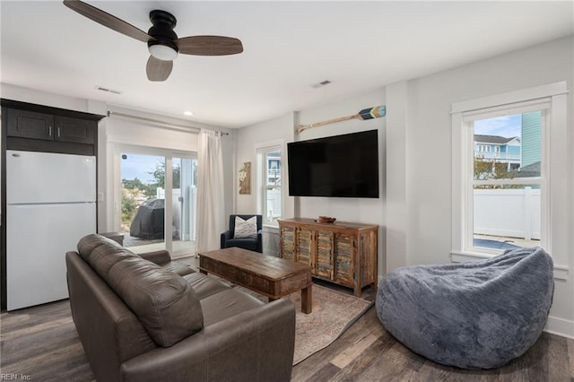 living room with plenty of natural light, dark wood-type flooring, and ceiling fan