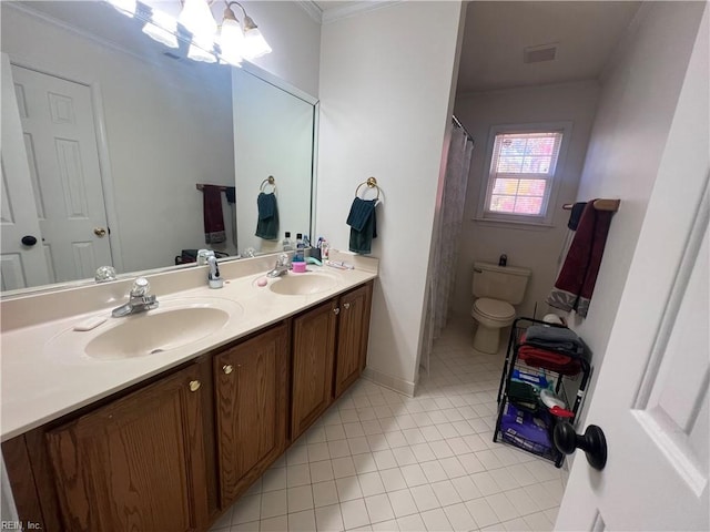 bathroom with an inviting chandelier, tile patterned flooring, crown molding, toilet, and vanity