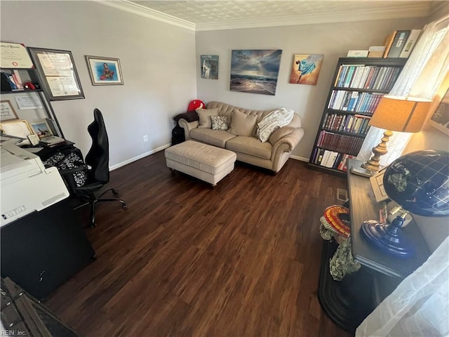 office featuring dark hardwood / wood-style flooring and crown molding