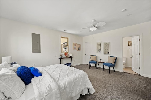 bedroom featuring dark colored carpet, electric panel, ensuite bath, and ceiling fan