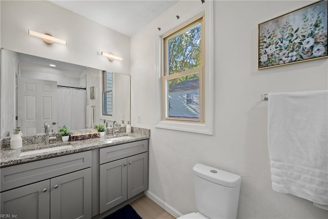 bathroom featuring walk in shower, vanity, and toilet