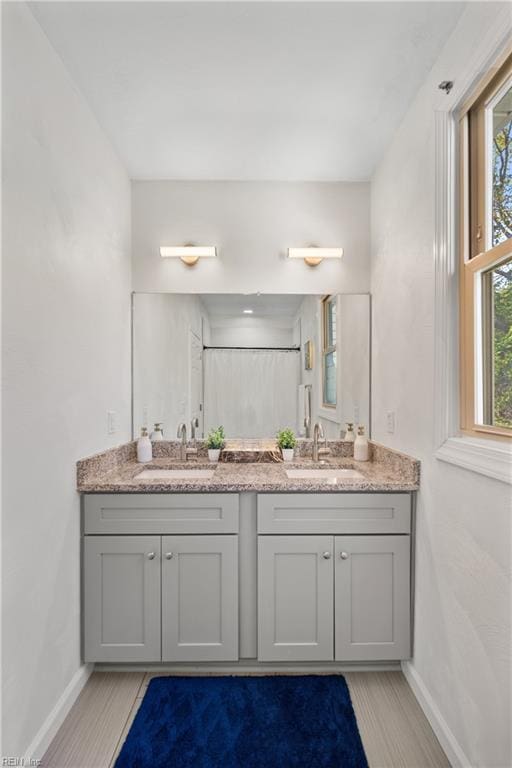 bathroom featuring vanity, curtained shower, and wood-type flooring