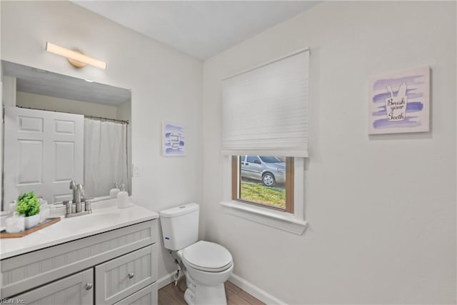 bathroom featuring vanity, toilet, and wood-type flooring