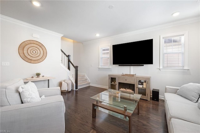 living room featuring a healthy amount of sunlight, dark hardwood / wood-style floors, and ornamental molding