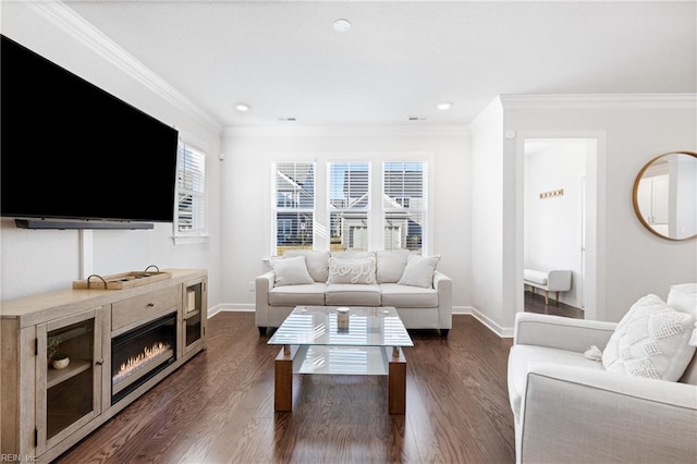 living room with dark hardwood / wood-style floors and ornamental molding