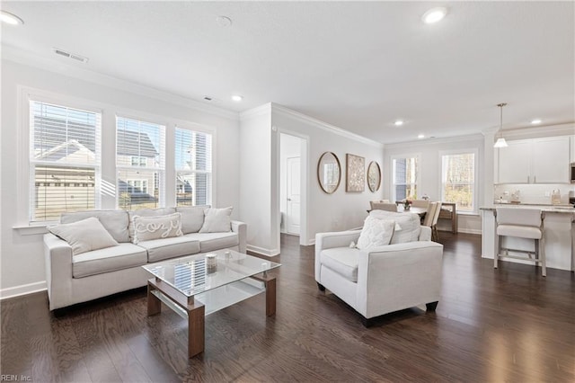 living room featuring crown molding and dark hardwood / wood-style floors