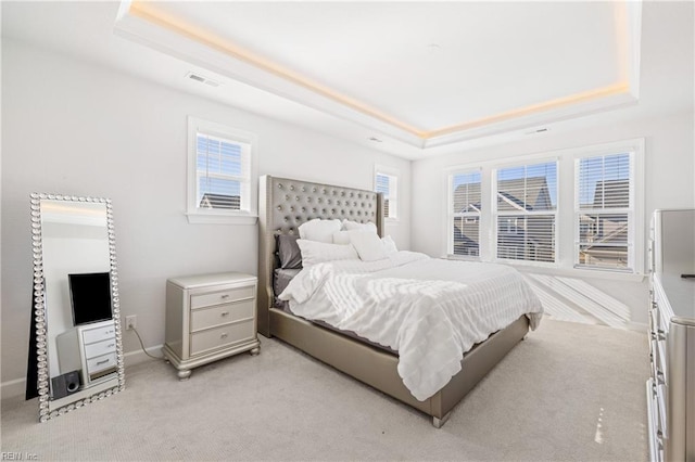 bedroom featuring a raised ceiling and light colored carpet