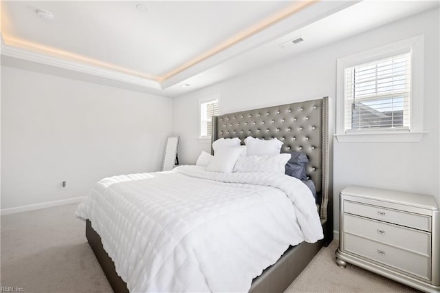 bedroom featuring a raised ceiling and light colored carpet